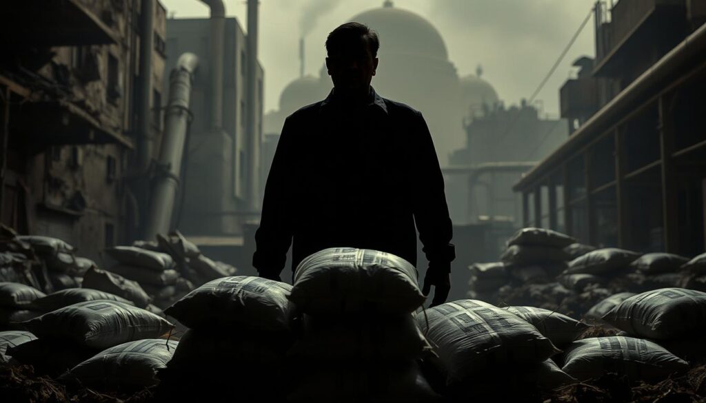 A dimly lit, gritty scene of a shadowy figure, likely Prabowo Subianto, standing amidst a backdrop of crumbling buildings and industrial pipes. The figure's expression is stern, conveying a sense of determination and resolve. In the foreground, piles of adulterated rice bags lie scattered, symbolizing the alleged betrayal of the people. The scene is bathed in a moody, ominous lighting, creating a tense and foreboding atmosphere. The overall composition evokes a sense of corruption, economic turmoil, and Prabowo's stance against those he perceives as traitors to the public.