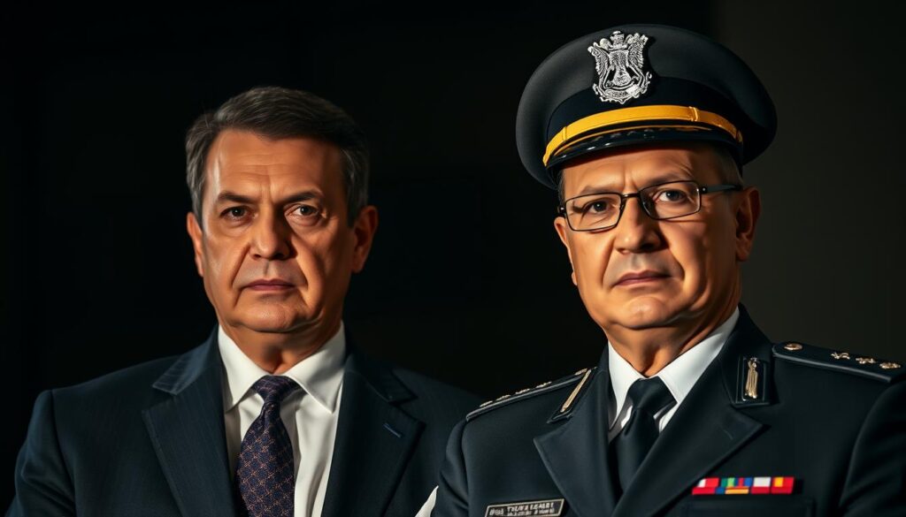 A high-resolution portrait of the Attorney General and the National Police Chief standing shoulder-to-shoulder, their expressions stern and unyielding. Dramatic lighting casts dramatic shadows, conveying a sense of gravity and authority. The two men are dressed formally in dark suits, exuding an aura of command and determination. The background is blurred, keeping the focus solely on the powerful duo and the weight of their positions. An air of resolute action and unwavering commitment to upholding justice permeates the scene.