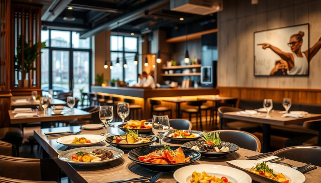 A lively, modern fusion restaurant called Mensa The Table, set in a cozy, intimate space with warm lighting and natural wood accents. In the foreground, an elegant dining table is laid with a mix of European and Asian-inspired dishes, their vibrant colors and textures inviting the viewer to imagine the flavors. The middle ground features the restaurant's open kitchen, where chefs deftly prepare the fusion cuisine. The background showcases a minimalist, Scandinavian-inspired design, with large windows allowing natural light to flood the space. The overall atmosphere conveys a sense of culinary exploration and cross-cultural harmony.