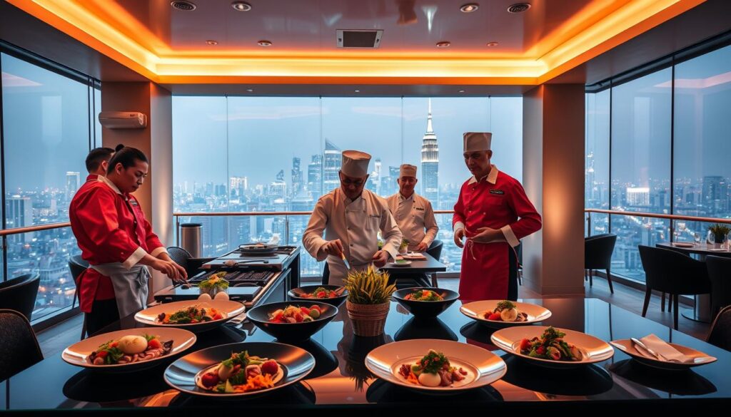 A sleek, modern rooftop restaurant with a stunning view of the city skyline. In the foreground, a group of chefs perform a dramatic "henshin" transformation, donning colorful, futuristic uniforms as they prepare a fusion of Asian and European cuisines. Soft, warm lighting casts an inviting glow, and the atmosphere is one of excitement and culinary innovation. The middle ground features elegantly plated dishes, showcasing the unique blend of flavors and techniques. In the background, the cityscape glitters, creating a sense of urban sophistication. The overall scene captures the energy and creativity of this fusion dining experience.