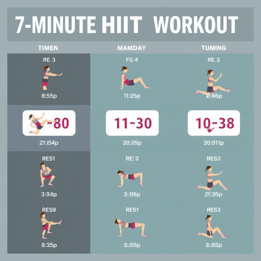 Ilustrasi siklus latihan HIIT 7 menit dengan 12 gerakan berbeda sebagai strategi latihan terstruktur Ilustrasi siklus latihan HIIT 7 menit dengan 12 gerakan berbeda sebagai strategi latihan terstruktur