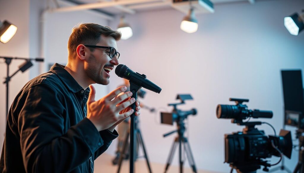 A professional content creator streaming live, illuminated by a warm, soft lighting setup. In the foreground, the creator is passionately gesturing while speaking into a high-quality microphone, their face animated with energy and enthusiasm. The middle ground features an array of modern, sleek camera equipment and production tools, hinting at the technical expertise behind the creation. In the background, a clean, minimalist studio space with a neutral color palette provides a stage for the creative performance. The overall atmosphere conveys a sense of focused dedication, creativity, and the thrill of live interaction with an audience.