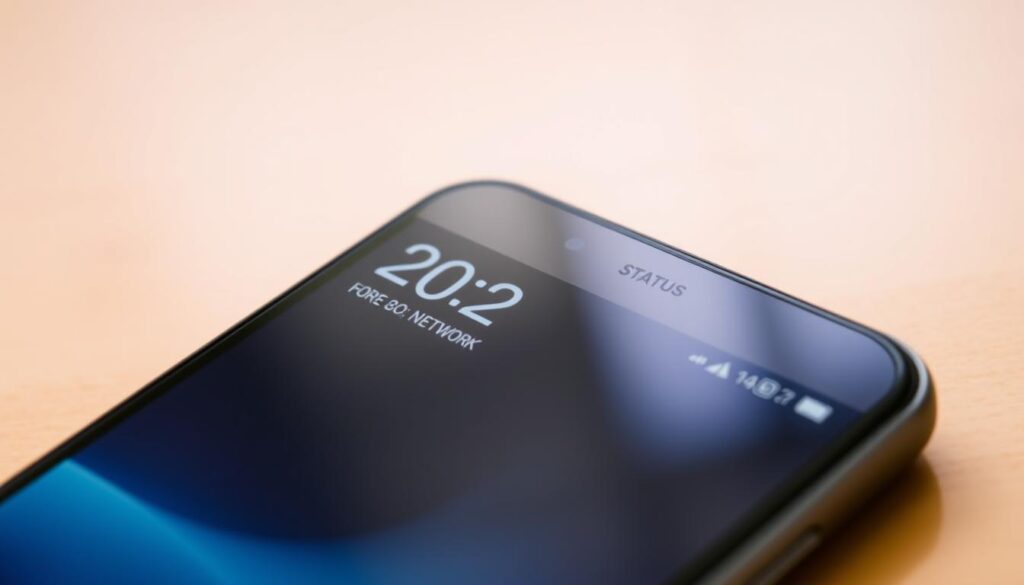 A closeup view of a smartphone screen displaying the status bar, showing the time, battery level, and network indicators. The status bar is prominently featured, occupying the majority of the frame. The screen is well-lit, with natural lighting highlighting the details of the user interface elements. The background is slightly blurred, creating a sense of depth and focus on the status bar. The overall mood is clean, modern, and professional, reflecting the technical nature of the subject matter.