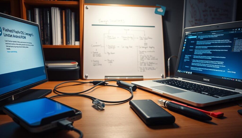 A high-tech workspace with a developer's desk, showcasing the process of flashing a custom Android ROM. In the foreground, a smartphone is connected to a laptop via a USB cable, the laptop screen displaying the LineageOS installation interface. Beside it, various tools like a screwdriver and a phone case lie neatly organized. The middle ground features a technical diagram outlining the steps of the flashing process, with annotated sections. In the background, a bookshelf with programming books and a whiteboard with scribbled notes create an atmosphere of focused, technical expertise. Soft, directional lighting illuminates the scene, casting shadows that enhance the sense of depth and precision.