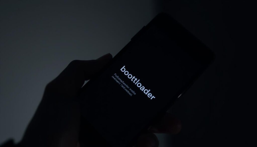 A meticulously crafted close-up view of a smartphone's screen displaying the "Fastboot" mode, set against a dimly lit, minimalist environment. The screen's bright, crisp display is the focal point, showcasing the "bootloader fastboot" UI in vivid detail. The phone is held in a steady, professional hand, casting subtle shadows that create a sense of depth and dimension. The background is intentionally blurred, keeping the viewer's attention firmly on the technical details of the device's interface. The overall mood is one of focus, precision, and a careful, instructional approach to the subject matter.