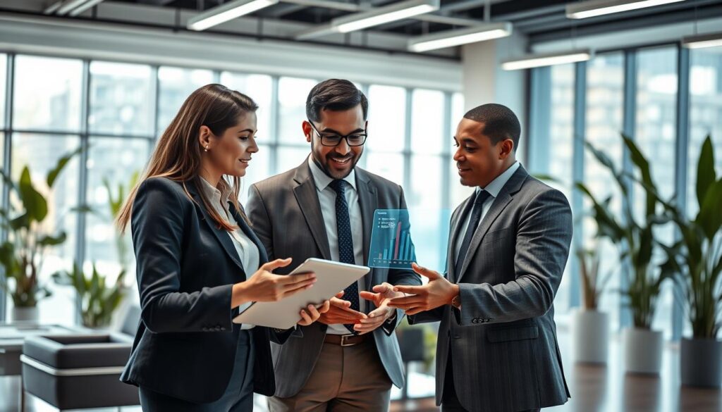A modern customer service scenario featuring a diverse group of three professionals engaged in an animated discussion about AI tools. In the foreground, focus on a young woman in professional attire, using a tablet to demonstrate AI-driven customer support software. Beside her, a middle-aged man in formal business clothing provides insights, gesturing towards a digital screen showing customer interaction metrics. In the background, a sleek, futuristic office environment with bright, natural lighting filtering through large windows, plants, and minimalistic furniture. The atmosphere is collaborative and innovative, reflecting a transition towards AI-enhanced customer service. Capture the scene from a slightly elevated angle to emphasize interaction and engagement, showcasing the shift in workforce dynamics.