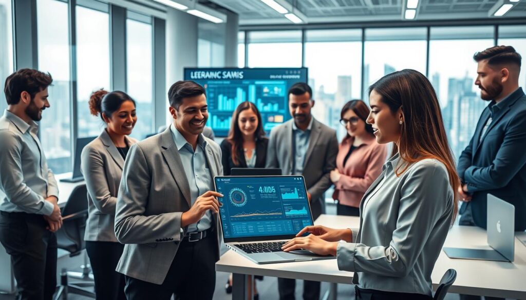 A modern office workspace filled with diverse professionals engaging with advanced AI technology. In the foreground, a confident woman in professional attire is showcasing an interactive AI dashboard on her laptop to a mixed group of colleagues, who are attentively observing. In the middle ground, a large digital screen displays data visuals and AI diagrams, illustrating the concept of building an AI workforce. The background features sleek desks, holographic displays, and a floor-to-ceiling window showing a city skyline. The lighting is bright and dynamic, conveying a sense of innovation and collaboration, with soft shadows for depth. The overall atmosphere is one of focused teamwork in a futuristic business environment.