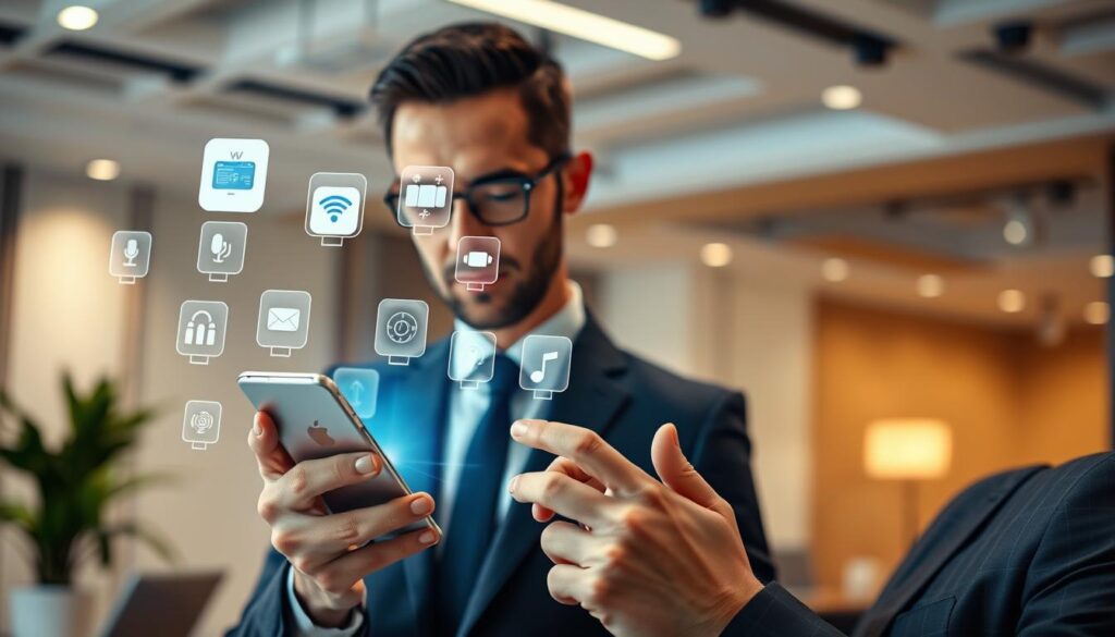 A modern technological workspace showcasing the seamless integration of SiriKit into iOS applications. In the foreground, a focused professional man in a smart business suit is interacting with a sleek iPhone, his expression reflecting engagement and innovation. The middle layer features a holographic display of various app icons and voice command interfaces emerging from the device, symbolizing enhanced functionality and user experience. The background is a contemporary office setting with soft, ambient lighting, highlighting the blend of technology and functionality. The overall atmosphere is one of productivity and futuristic advancement, emphasizing the benefits of voice command integration in mobile applications. The composition utilizes a wide-angle perspective to capture the dynamic interplay between the man and digital elements.