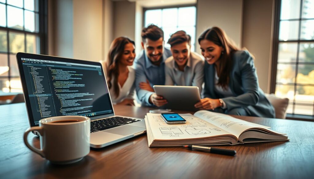A modern workspace setup for iOS SiriKit development, featuring a sleek laptop open with code on the screen, a smartphone nearby displaying Siri's interface. In the foreground, a cup of coffee sits beside a notepad filled with ideas and sketches. In the middle, a diverse group of three professionals in business attire collaborates over the laptop, their expressions focused and engaged. The background includes a large window allowing natural light to flood the room, casting soft shadows. The overall atmosphere is one of innovation and teamwork, conveying excitement and anticipation for the upcoming technology. The lighting is warm and inviting, with a slight depth of field focusing on the group at work.