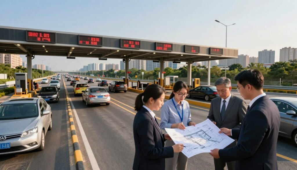 A bustling highway interchange showcasing a modern toll road. In the foreground, a sleek toll booth with operable electronic signage, with cars entering and exiting the road, showcasing the flow of traffic. The middle ground features a team of professionals in business attire, reviewing blueprints and discussing infrastructure plans, indicating a focus on project feasibility studies. In the background, a vibrant urban skyline under a clear blue sky, with green areas highlighting environmental impact. The lighting is warm, suggesting late afternoon, casting soft shadows and giving a hopeful mood to the scene, while a wide-angle lens captures the scale of the infrastructure development. The image should evoke a sense of progress and the complexities of feasibility analysis in infrastructure projects.