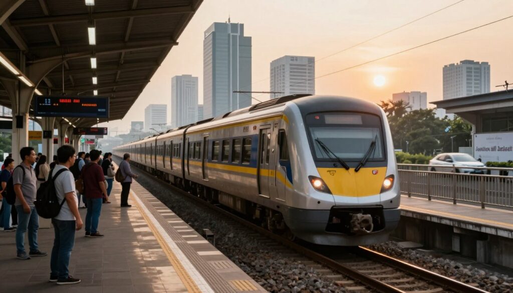 A bustling scene depicting the operational dynamics of a commuter train (KRL) traveling through the urban landscape between Jakarta and Bogor. In the foreground, a sleek, modern KRL train rushes by, showcasing its streamlined design and vibrant colors. The middle ground features a well-maintained railway station with commuters in modest, casual clothing waiting on the platform, focused and engaged, highlighting the efficiency of public transport. The background captures the Jakarta skyline, with modern skyscrapers partly obscured by a hazy sunset that bathes the scene in warm, golden light. The angle is slightly elevated, offering a dynamic perspective that emphasizes the speed of the train. The overall mood conveys energy, motion, and a sense of daily urban life.