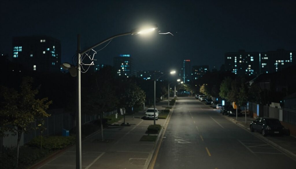 A city street at night, showcasing a row of malfunctioning streetlights casting dim, flickering light onto the pavement, creating an eerie atmosphere. In the foreground, a close-up of a broken streetlight with exposed wiring and a malfunctioning LED panel. In the middle ground, a deserted urban scene with shadows and a few parked cars, emphasizing the lack of illumination. The background features a distant skyline of modern buildings shrouded in darkness, illuminated only by the faint glow of nearby structures. The mood is somber and contemplative, with a focus on the technical failure of the lighting system. Shot with a wide-angle lens, capturing the depth and scale of the deserted street, highlighting the issue of streetlight outages. A city street at night, showcasing a row of malfunctioning streetlights casting dim, flickering light onto the pavement, creating an eerie atmosphere. In the foreground, a close-up of a broken streetlight with exposed wiring and a malfunctioning LED panel. In the middle ground, a deserted urban scene with shadows and a few parked cars, emphasizing the lack of illumination. The background features a distant skyline of modern buildings shrouded in darkness, illuminated only by the faint glow of nearby structures. The mood is somber and contemplative, with a focus on the technical failure of the lighting system. Shot with a wide-angle lens, capturing the depth and scale of the deserted street, highlighting the issue of streetlight outages.