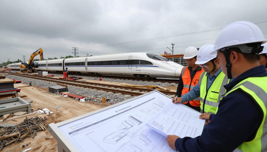 A construction site illustrating the technical challenges of a high-speed train project, featuring workers in professional attire inspecting plans and blueprints. In the foreground, a group of engineers is gathered around a large display board filled with diagrams and project timelines. The middle ground shows heavy machinery and partially constructed tracks, symbolizing stalled progress. The background features a cloudy sky, indicating a sense of uncertainty and gloom. The lighting is natural with an overcast effect, enhancing the serious mood of the scene. Capture the composition using a wide-angle lens to showcase both the close-up details of the workers and the expanse of the construction site. The atmosphere should reflect tension and urgency in addressing significant technical hurdles.