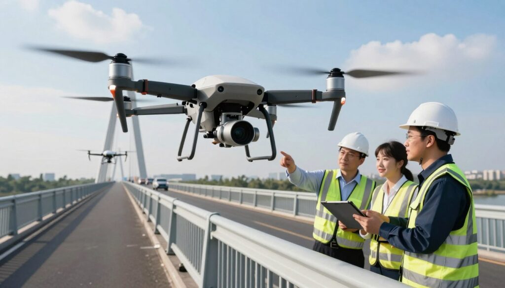 A detailed aerial view of a bridge inspection scene utilizing drones, showcasing several drones hovering around and inspecting the structure. In the foreground, focus on one advanced, sleek drone equipped with high-resolution cameras and thermal sensors, capturing detailed imagery of the bridge. In the middle ground, depict engineers in professional attire, pointing to data on tablets and discussing the drone’s functionality, conveying a collaborative atmosphere. The background includes a panoramic view of the bridge, set against a clear blue sky with soft clouds, emphasizing the scale of the structure. Utilize bright, natural lighting to enhance the scene’s clarity and professionalism, shot from a low-angle perspective to create a dynamic and engaging composition. A detailed aerial view of a bridge inspection scene utilizing drones, showcasing several drones hovering around and inspecting the structure. In the foreground, focus on one advanced, sleek drone equipped with high-resolution cameras and thermal sensors, capturing detailed imagery of the bridge. In the middle ground, depict engineers in professional attire, pointing to data on tablets and discussing the drone’s functionality, conveying a collaborative atmosphere. The background includes a panoramic view of the bridge, set against a clear blue sky with soft clouds, emphasizing the scale of the structure. Utilize bright, natural lighting to enhance the scene’s clarity and professionalism, shot from a low-angle perspective to create a dynamic and engaging composition.