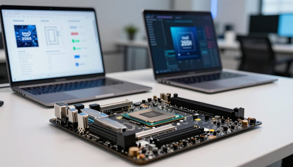 A detailed and organized composition showcasing a motherboard with a powerful Intel Core Ultra 7 265H processor installed. In the foreground, feature the motherboard focused on its intricate circuitry and connections, highlighting compatibility slots. In the middle ground, place a sleek laptop displaying performance metrics, like frame rates and battery life, alongside technical illustrations of system requirements. The background should include a modern, tech-inspired office setting with ambient lighting, emphasizing a professional atmosphere. Use a shallow depth of field to keep the focus on the motherboard while gently blurring the office backdrop. Ensure the lighting is bright yet soft, conveying clarity and precision, evoking a mood of technological advancement and reliability. A detailed and organized composition showcasing a motherboard with a powerful Intel Core Ultra 7 265H processor installed. In the foreground, feature the motherboard focused on its intricate circuitry and connections, highlighting compatibility slots. In the middle ground, place a sleek laptop displaying performance metrics, like frame rates and battery life, alongside technical illustrations of system requirements. The background should include a modern, tech-inspired office setting with ambient lighting, emphasizing a professional atmosphere. Use a shallow depth of field to keep the focus on the motherboard while gently blurring the office backdrop. Ensure the lighting is bright yet soft, conveying clarity and precision, evoking a mood of technological advancement and reliability.