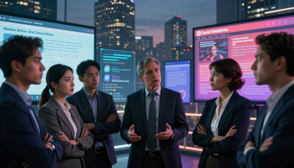 A dramatic scene depicting the controversy surrounding harmful content on media platforms. In the foreground, a concerned group of diverse professionals dressed in smart business attire is discussing data on digital screens, showcasing alarming statistics of banned AI-generated videos. In the middle, abstract representations of social media platforms with vivid, distorted screen graphics symbolize the chaos of misinformation. In the background, a blurred image of a city skyline at dusk, highlighted by the glow of screens. The lighting is moody, with soft, diffused light illuminating the faces of the professionals, capturing a sense of urgency and concern. The atmosphere is tense, showcasing the impactful effects of AI in the digital landscape.