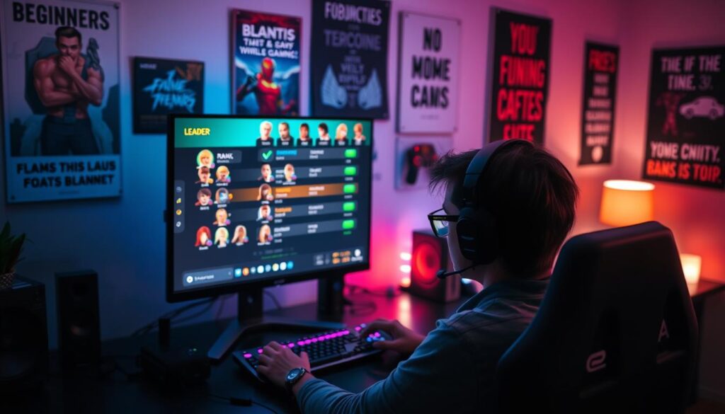A dynamic and engaging scene showcasing a "ranking system in gaming." In the foreground, a focused gamer with modern gaming gear sits at a computer desk, intently studying a colorful leaderboard displayed on a high-resolution monitor. The midground features various in-game avatars organized by rank, illustrating progression from beginner to elite, with glowing highlight effects. In the background, a wall adorned with motivational posters about gaming strategies and skills creates an inspiring atmosphere. Soft, ambient lighting emanates from the computer screen, casting subtle reflections in the room, while the overall mood is energetic and competitive, emphasizing the drive to improve gaming ranks. The camera angle captures both the gamer and the vivid game leaderboard, creating an immersive and motivational visual experience. A dynamic and engaging scene showcasing a "ranking system in gaming." In the foreground, a focused gamer with modern gaming gear sits at a computer desk, intently studying a colorful leaderboard displayed on a high-resolution monitor. The midground features various in-game avatars organized by rank, illustrating progression from beginner to elite, with glowing highlight effects. In the background, a wall adorned with motivational posters about gaming strategies and skills creates an inspiring atmosphere. Soft, ambient lighting emanates from the computer screen, casting subtle reflections in the room, while the overall mood is energetic and competitive, emphasizing the drive to improve gaming ranks. The camera angle captures both the gamer and the vivid game leaderboard, creating an immersive and motivational visual experience.