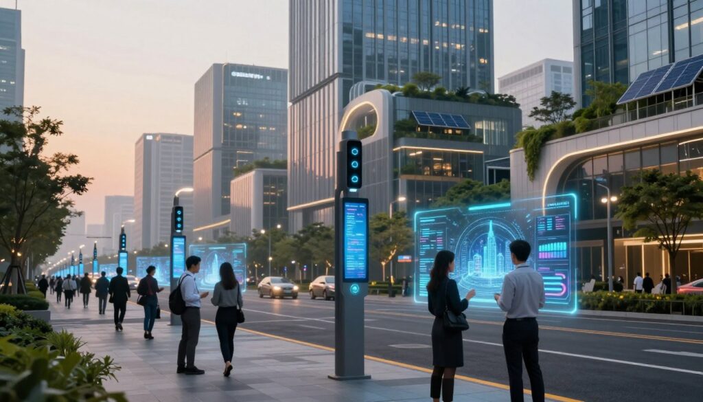 A futuristic city skyline at dusk showcasing a vibrant Smart City, emphasizing optimized IoT services. In the foreground, people in professional business attire interact with holographic displays depicting real-time data analytics and smart city features. The middle ground features modern smart lampposts with embedded sensors and LED screens, illuminating a clean, bustling urban street. The background presents high-tech buildings adorned with greenery and solar panels, symbolizing sustainability. Soft, warm lighting casts a welcoming glow on the scene, while a slight city fog adds depth and a sense of innovation. The atmosphere is dynamic and optimistic, reflecting the potential of smart city technologies to enhance urban living. A futuristic city skyline at dusk showcasing a vibrant Smart City, emphasizing optimized IoT services. In the foreground, people in professional business attire interact with holographic displays depicting real-time data analytics and smart city features. The middle ground features modern smart lampposts with embedded sensors and LED screens, illuminating a clean, bustling urban street. The background presents high-tech buildings adorned with greenery and solar panels, symbolizing sustainability. Soft, warm lighting casts a welcoming glow on the scene, while a slight city fog adds depth and a sense of innovation. The atmosphere is dynamic and optimistic, reflecting the potential of smart city technologies to enhance urban living.