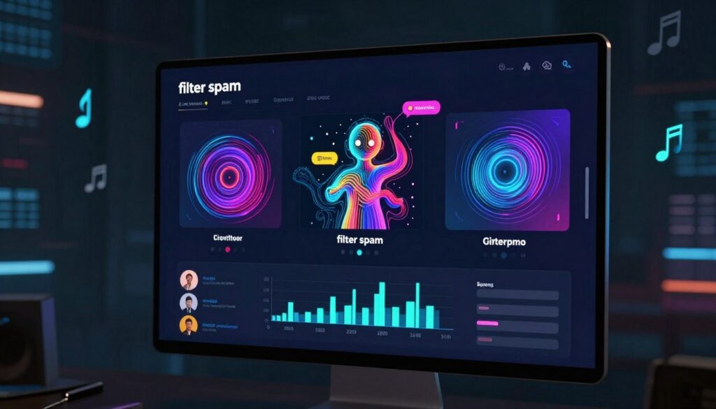 A futuristic digital music platform interface demonstrating the concept of "filter spam" in the context of AI-generated music. In the foreground, illustrate a sleek, modern computer screen displaying a vibrant, colorful music streaming app with animated graphs and spam detection alerts. In the middle, place abstract representations of AI algorithms and bots—visually depicted as colorful, swirling digital patterns or figures—to symbolize the ongoing challenge of combating spam music. The background should feature a dimly lit digital landscape filled with floating musical notes and icons, creating a moody, tech-driven atmosphere. The lighting should be soft yet dynamic, with highlights that add depth to the interface, suggesting advanced technology in action.