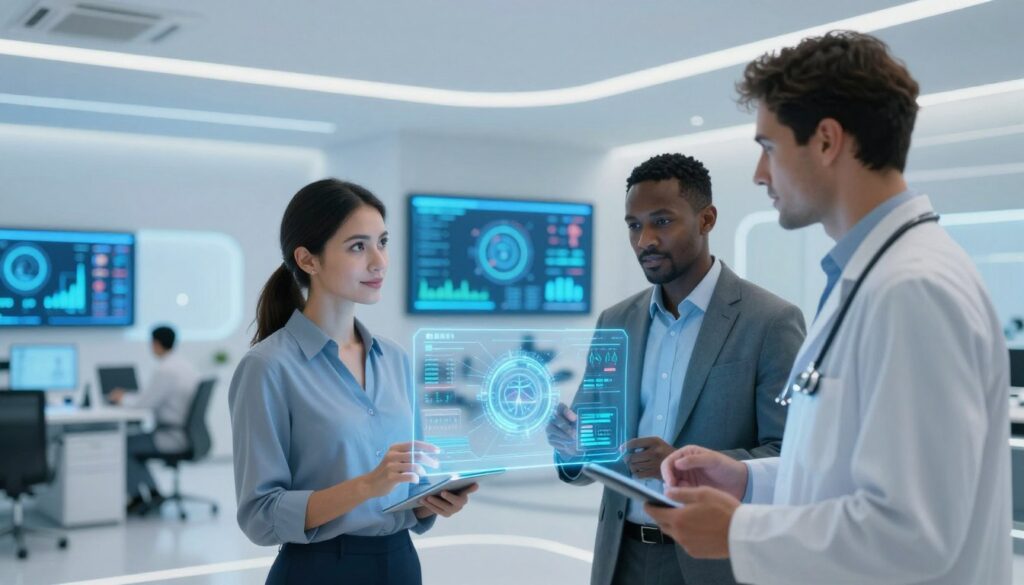 A futuristic, high-tech healthcare environment showcasing artificial intelligence innovation. In the foreground, a diverse group of three professionals in business attire—one woman and two men—interact with a sleek AI interface displaying health data analytics. They appear engaged and focused, emphasizing collaboration and support. The middle ground features advanced screens showcasing digital graphs and patient data visuals, softly illuminated by a cool blue light. The background reveals a modern office with minimalistic design elements, slightly blurred, emphasizing the forefront activity. The overall atmosphere conveys a sense of hope and progress, with an emphasis on mental health support through technology. Use bright, optimistic lighting to enhance the empowering mood.