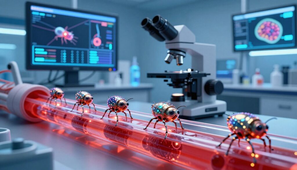 A futuristic laboratory setting showcasing advanced nanobot technology. In the foreground, a group of intricate nanobots resembling tiny, metallic insects with shimmering surfaces and pulsating lights, actively moving through human blood vessels depicted as transparent tubes filled with a crimson fluid. The middle ground features a high-tech microscope and digital screens displaying real-time data about the nanobots’ functionality, with colorful graphs and images of cellular structures. The background has sleek lab equipment, glowing with soft blue LED lighting, creating a sterile yet vibrant atmosphere. The scene is captured from a slightly elevated angle, focusing on the nanobots at work, emphasizing innovation and advanced technology, with an air of optimism for future medical applications. A futuristic laboratory setting showcasing advanced nanobot technology. In the foreground, a group of intricate nanobots resembling tiny, metallic insects with shimmering surfaces and pulsating lights, actively moving through human blood vessels depicted as transparent tubes filled with a crimson fluid. The middle ground features a high-tech microscope and digital screens displaying real-time data about the nanobots’ functionality, with colorful graphs and images of cellular structures. The background has sleek lab equipment, glowing with soft blue LED lighting, creating a sterile yet vibrant atmosphere. The scene is captured from a slightly elevated angle, focusing on the nanobots at work, emphasizing innovation and advanced technology, with an air of optimism for future medical applications.