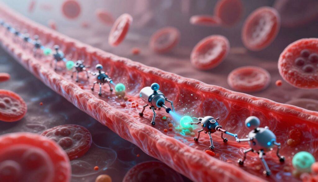 A highly detailed and realistic depiction of nanorobots designed for medical applications, specifically focusing on clearing blood vessels. In the foreground, numerous miniature nanorobots crafted from metallic and biocompatible materials are actively engaging with a representation of a blood vessel, showcasing their cleaning action on plaque buildup. The middle layer features a vibrant, flowing red bloodstream, illuminated with soft blue and green bioluminescent elements symbolizing health and cleanliness. In the background, a microscopic landscape of blood cells and nutrients can be seen, creating depth and context. The scene is bathed in a soft, diffused light to create a clinical yet inspirational atmosphere, with a slight top-down angle to emphasize the action occurring within the blood vessel. The overall mood conveys hope and innovation in medical technology. A highly detailed and realistic depiction of nanorobots designed for medical applications, specifically focusing on clearing blood vessels. In the foreground, numerous miniature nanorobots crafted from metallic and biocompatible materials are actively engaging with a representation of a blood vessel, showcasing their cleaning action on plaque buildup. The middle layer features a vibrant, flowing red bloodstream, illuminated with soft blue and green bioluminescent elements symbolizing health and cleanliness. In the background, a microscopic landscape of blood cells and nutrients can be seen, creating depth and context. The scene is bathed in a soft, diffused light to create a clinical yet inspirational atmosphere, with a slight top-down angle to emphasize the action occurring within the blood vessel. The overall mood conveys hope and innovation in medical technology.
