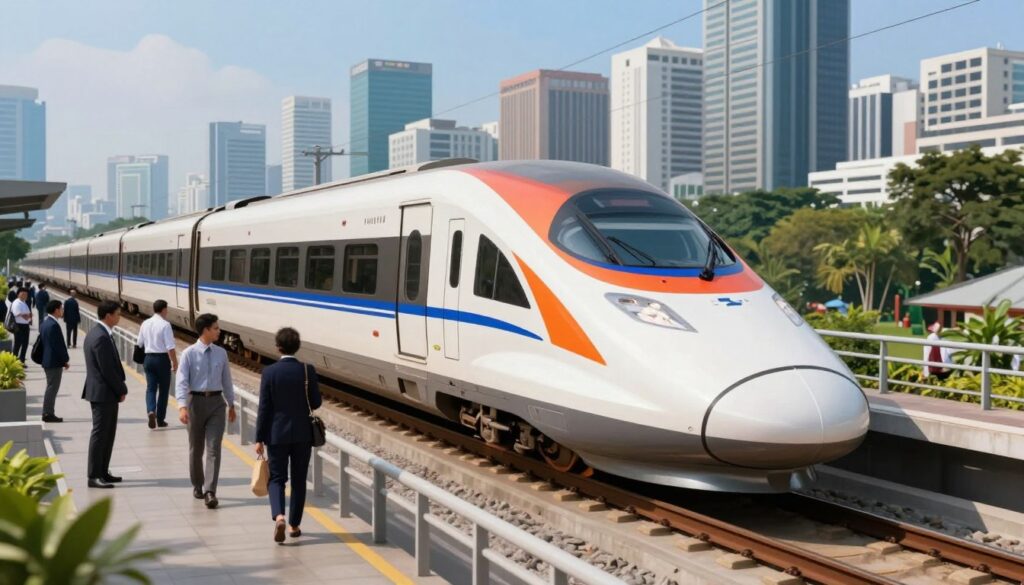 A modern Indonesian train project showcasing sleek, futuristic train designs in a bustling urban environment. In the foreground, a high-speed train, featuring a streamlined, aerodynamic shape, glides effortlessly on elevated tracks. The train’s exterior is adorned with vibrant, contemporary colors that reflect the local culture. In the middle ground, an area filled with commuters in professional business attire, interacting and boarding the train, highlights the system's role in daily life. The background features a sprawling cityscape, with modern skyscrapers and lush greenery, against a bright blue sky. The lighting is bright and optimistic, suggesting innovation and progress. The scene is captured from a low angle to emphasize the train's grandeur, creating a sense of motion and excitement in this vision of Indonesia's transportation future.