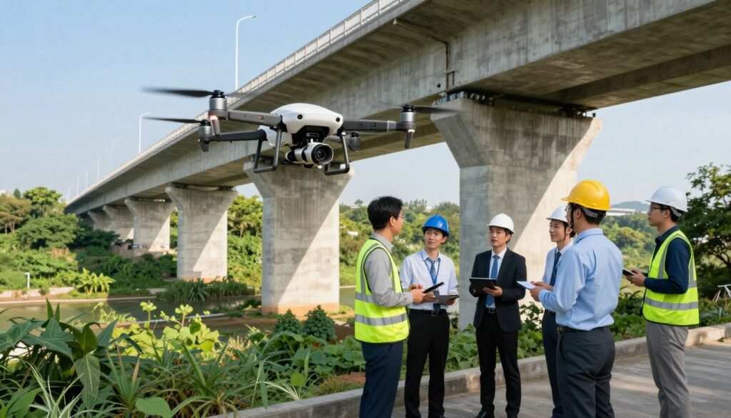 A modern bridge inspection scene featuring a drone flying over a large concrete bridge surrounded by lush greenery and a clear blue sky. In the foreground, the drone is equipped with high-resolution cameras and sensors, focusing on structural elements like beams and bearings. The middle ground showcases several engineers in professional business attire observing the drone's operation and analyzing data on tablets. The background highlights the expansive bridge, with its architectural details illuminated by natural sunlight, casting dynamic shadows. The atmosphere is one of innovation and efficiency, with a sense of teamwork and advanced technology in play. The image should have a bright, optimistic mood, emphasizing the integration of drones in civil engineering. A modern bridge inspection scene featuring a drone flying over a large concrete bridge surrounded by lush greenery and a clear blue sky. In the foreground, the drone is equipped with high-resolution cameras and sensors, focusing on structural elements like beams and bearings. The middle ground showcases several engineers in professional business attire observing the drone's operation and analyzing data on tablets. The background highlights the expansive bridge, with its architectural details illuminated by natural sunlight, casting dynamic shadows. The atmosphere is one of innovation and efficiency, with a sense of teamwork and advanced technology in play. The image should have a bright, optimistic mood, emphasizing the integration of drones in civil engineering.