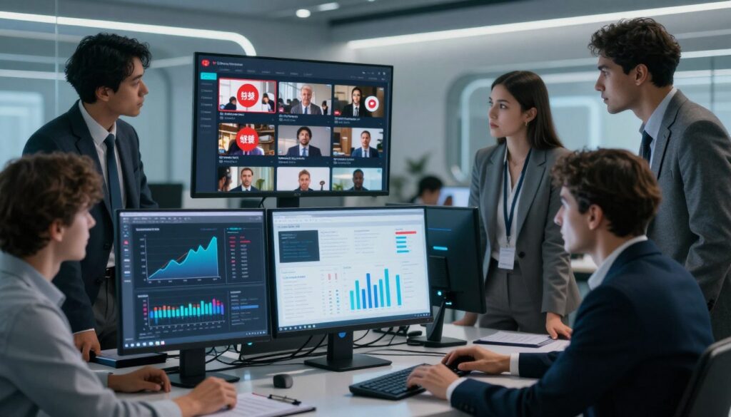 A modern digital workspace featuring advanced AI technology and social media moderation tools. In the foreground, a sleek computer screen displays dynamic graphs and analytics focused on content moderation, with a diverse group of professionals in business attire intensely discussing strategies. The middle layer showcases a stylized depiction of a TikTok-like interface with various video thumbnails, some marked with red "banned" icons. The background illustrates a futuristic office environment with soft, ambient lighting, emphasizing a serious yet innovative atmosphere. Use a wide-angle lens to create depth, capturing the collaborative mood among team members, while a subtle glow from the screens highlights the focus on AI content moderation.