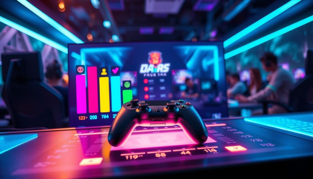 A modern gaming environment showcasing a vibrant ranking system, with colorful bars and icons representing different ranks. In the foreground, a sleek digital dashboard displays player rankings, with numeric scores and avatars. In the middle, a stylized game controller sits on a glowing surface, evoking excitement and competition. The background features a blurred scene of gamers engrossed in a multiplayer setup, illuminated by ambient LED lights in shades of blue and purple, enhancing the high-energy atmosphere. The composition conveys a sense of achievement and rivalry, emphasizing the importance of ranking systems in gaming culture, captured through a wide-angle lens perspective, with soft focused edges to direct attention to the dashboard.