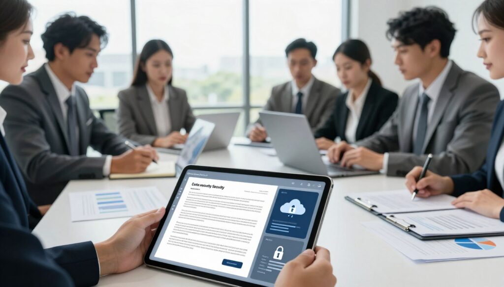 A modern office setting featuring a diverse group of professionals in business attire, collaborating over a table filled with legal documents and a laptop displaying data security features. In the foreground, a close-up of a digital tablet showcasing an interface with legal document security measures such as encryption icons and secure cloud storage illustrations. The middle ground shows the professionals engaged in a discussion, taking notes, and analyzing graphs, creating an inviting atmosphere of collaboration and innovation. The background includes a large window with natural light streaming in, illuminating the workspace, emphasizing a clean, organized, and high-tech environment. The mood is one of seriousness and focus, highlighting the importance of data security in legal documentation.