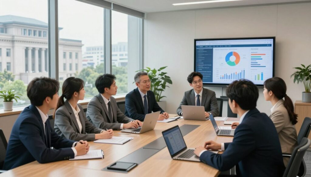 A modern office setting that embodies the principles of transparency and accountability in governance. In the foreground, a diverse group of professionals in business attire is engaged in a discussion around a conference table laden with documents and digital devices, showcasing open communication. In the middle ground, large windows reveal a bright urban landscape, symbolizing transparency, while a digital screen displays charts and data, emphasizing accountability. The background shows elements of an official governmental building, combining traditional architecture with modern design. Soft, natural lighting bathes the scene, creating a warm yet serious atmosphere, reflecting the importance of the topic at hand. The photograph is taken from a slightly elevated angle to capture the collaborative spirit and the organized setting.