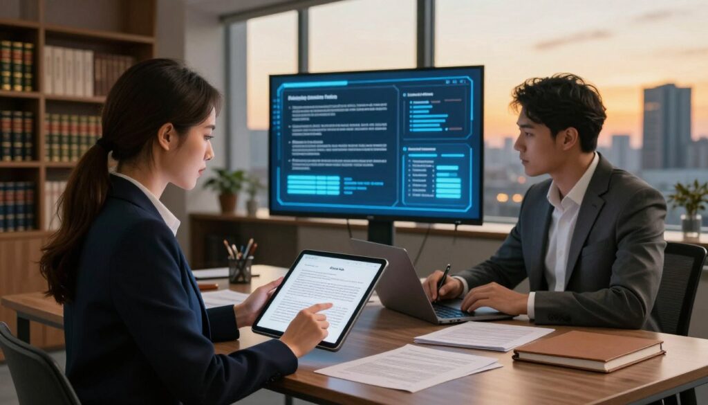 A modern office setting with a diverse group of legal professionals analyzing documents with the assistance of advanced AI tools. In the foreground, a focused woman in a smart business suit is using a tablet to highlight sections of a legal draft, while a man beside her, dressed in a tailored suit, takes notes on a laptop. In the middle ground, a large screen displays a glowing digital interface with legal algorithms and text optimization suggestions. The background shows shelves filled with law books and a large window revealing a city skyline at dusk, casting warm, golden light throughout the room. The atmosphere is one of collaboration, innovation, and professionalism, emphasizing the synergy between artificial intelligence and legal drafting expertise.