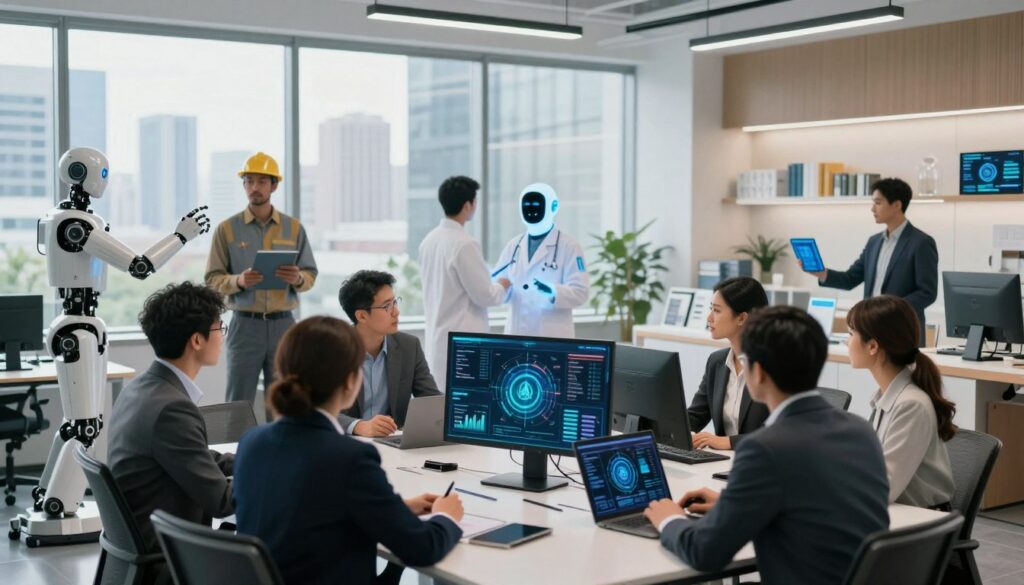A modern, professional office environment that showcases the diverse applications of AI across various industries. In the foreground, a diverse group of people in business attire are engaged in discussions around a sleek conference table. They are analyzing data presented on digital screens, illustrating the impact of AI technology. The middle ground features various industry symbols; a robot helping a factory worker, a healthcare professional consulting a digital assistant, and a retail manager analyzing inventory via a smart device. The background shows a cityscape through large windows, hinting at the industries beyond the office. Soft, natural lighting floods the space, creating a bright and optimistic atmosphere. The image should convey innovation and collaboration in the adaptation of AI technology.