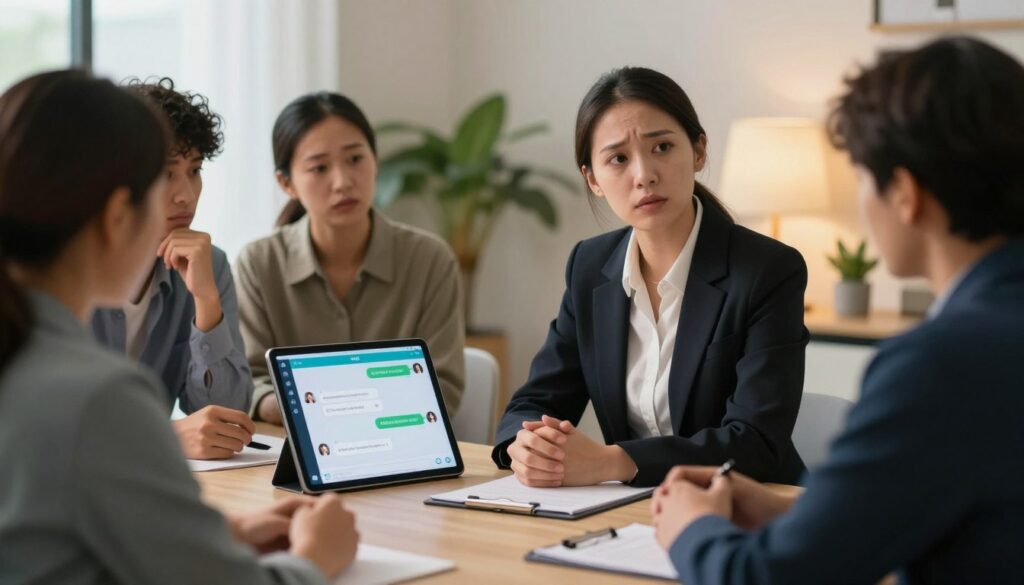 A professional setting depicting a mental health emergency intervention. In the foreground, a serious-looking mental health professional, dressed in smart business attire, engages with a diverse group of individuals seated around a table, indicating deep discussion and concern. The emotional expressions are focused and determined, reflecting the urgency of the situation. In the middle ground, a digital interface displays a chatbot conversation, emphasized on a tablet screen, visually representing AI in mental health support. The background shows a softly lit office environment, with plants and calming colors, creating a sense of safety and professionalism. The lighting is warm and inviting, with a slight focus on the individuals as they communicate, conveying a supportive atmosphere.