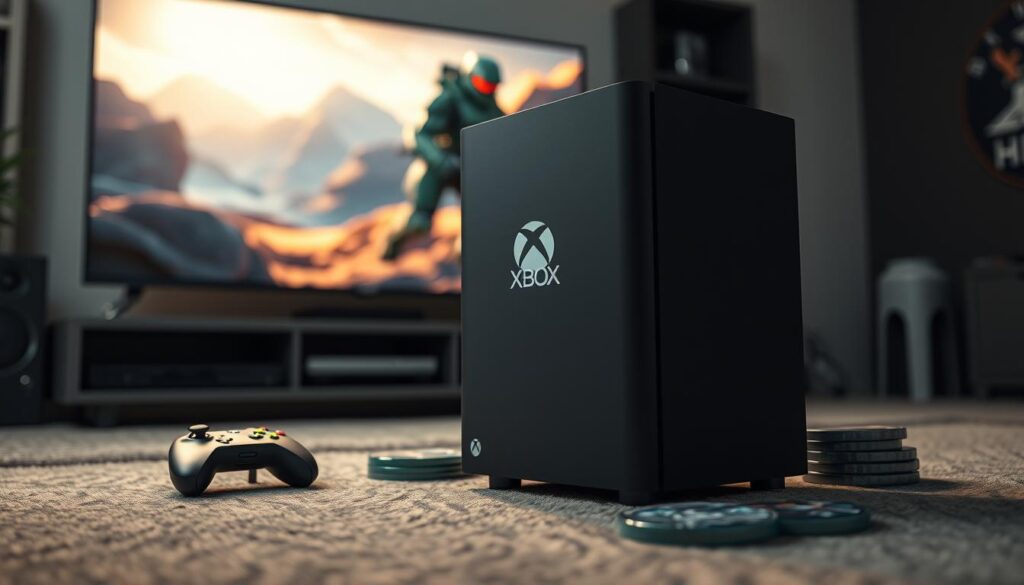 A realistic depiction of a replica mini fridge styled like the Xbox Series X, prominently featured in the foreground. The fridge should showcase its sleek, matte black design with the iconic Xbox logo etched onto it. The middle ground includes gaming paraphernalia, like an Xbox controller and a few game discs, arranged artfully around the fridge. In the background, a stylish gaming setup includes a modern television displaying a vibrant scene from Halo Infinite, subtly blurred to maintain focus on the fridge. The lighting is dynamic, casting soft reflections on the fridge's surface, creating a cool, tech-savvy atmosphere. The angle should be slightly low to emphasize the fridge's stature while conveying an immersive gaming environment.
