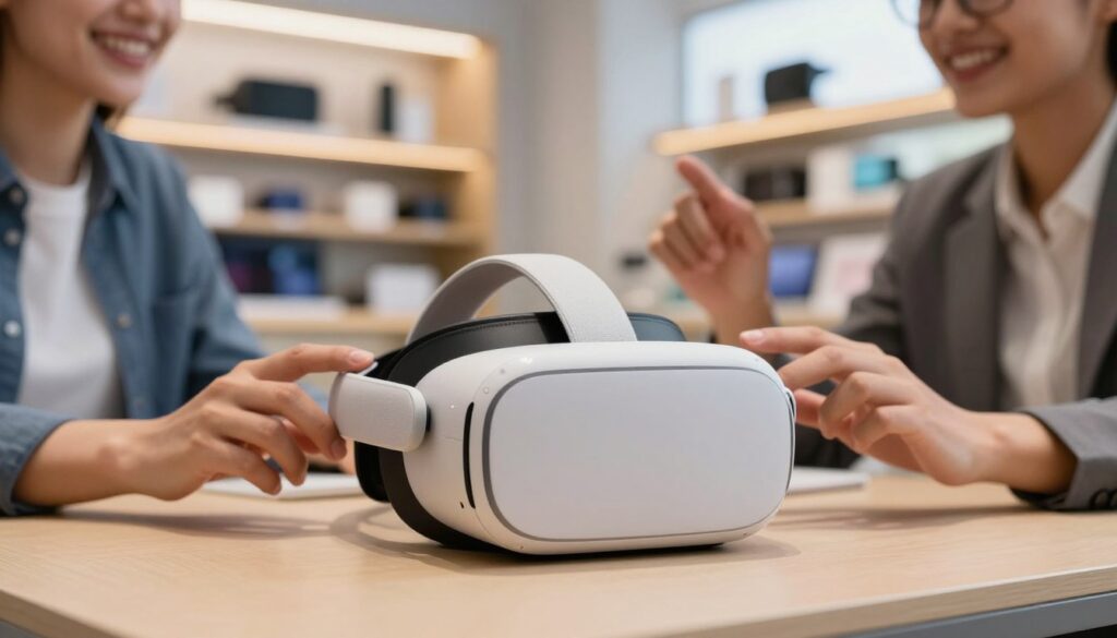 A sleek and modern VR headset, symbolizing affordability, placed prominently in the foreground on a softly lit table. The headset features a clean design with minimalistic details, in a striking color that suggests innovation and accessibility. In the middle ground, hands of diverse individuals in professional attire gently touch the headset, showcasing curiosity and excitement. The background displays a modern tech store with shelves of affordable gadgets, bathed in warm ambient light, creating an inviting atmosphere. Perspective is slightly low to capture the headset’s prominence, while a soft bokeh effect blurs the store's details for a focused feel. The mood is optimistic and engaging, reflecting a future where cutting-edge technology is accessible to everyone.