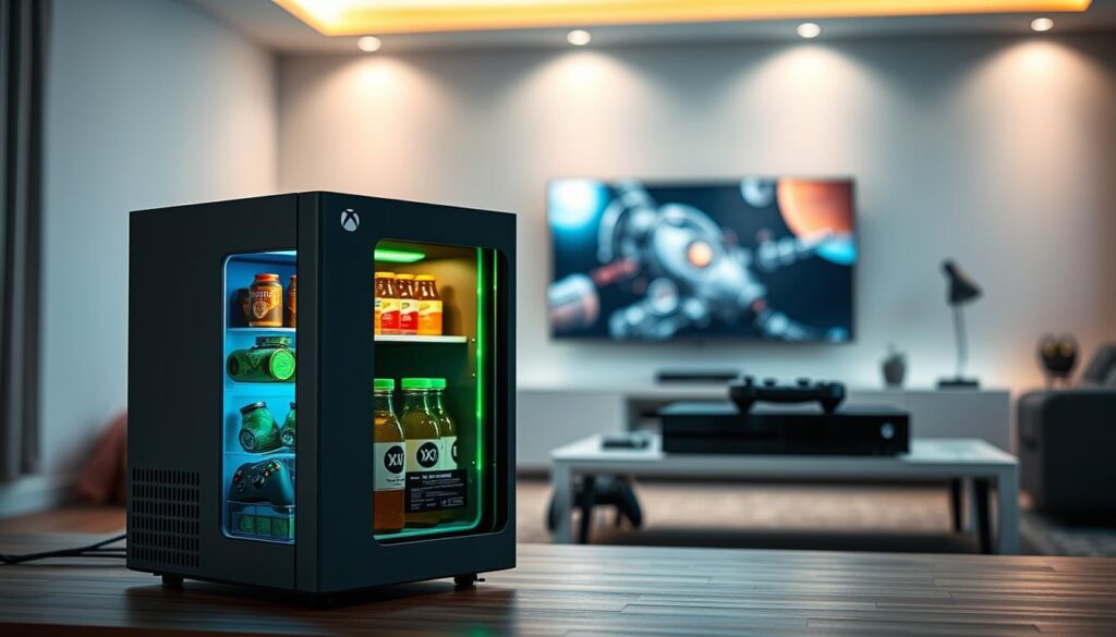 A sleek, compact mini fridge designed to resemble an Xbox Series X, showcasing a thermoelectric cooling system. In the foreground, the fridge is slightly ajar, revealing colorful drinks and snacks, with a glowing green LED light illuminating the interior. The middle ground features a stylish gaming setup, including an Xbox console and controllers placed on a clean, modern desk, emphasizing the fridge's gaming connection. The background is softly blurred, depicting a cozy living room with a large television and ambient lighting that enhances a relaxed gaming atmosphere. The image is captured in soft, diffuse lighting, adding a inviting mood, with a shallow depth of field to focus on the fridge while maintaining an overall sense of comfort and modernity.