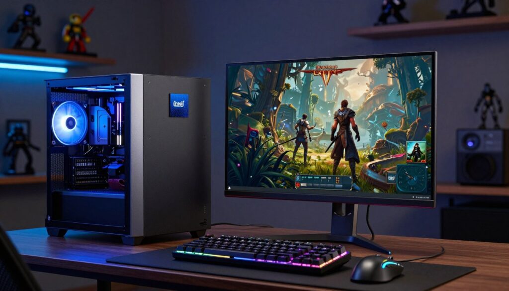 A sleek gaming setup featuring an Intel Core Ultra 7 processor prominently displayed, with a high-performance laptop or desktop tower, glowing in stylish blue and silver accents. In the foreground, include a high-resolution monitor showcasing a thrilling scene from Baldur’s Gate 3, depicting detailed character models and lush environments, clearly demonstrating the game's graphics. In the middle ground, a set of gaming peripherals like a mechanical keyboard and a gaming mouse, with RGB lighting enhancing the immersive atmosphere. The background features a dimly lit room with shelves holding gaming memorabilia and ambient LED lights. Use soft, focused lighting to create a high-tech, futuristic mood, capturing the essence of gaming performance and benchmark testing. A sleek gaming setup featuring an Intel Core Ultra 7 processor prominently displayed, with a high-performance laptop or desktop tower, glowing in stylish blue and silver accents. In the foreground, include a high-resolution monitor showcasing a thrilling scene from Baldur’s Gate 3, depicting detailed character models and lush environments, clearly demonstrating the game's graphics. In the middle ground, a set of gaming peripherals like a mechanical keyboard and a gaming mouse, with RGB lighting enhancing the immersive atmosphere. The background features a dimly lit room with shelves holding gaming memorabilia and ambient LED lights. Use soft, focused lighting to create a high-tech, futuristic mood, capturing the essence of gaming performance and benchmark testing.