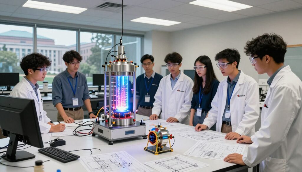 A vibrant university laboratory filled with students collaborating on an innovative fusion reactor project. In the foreground, a diverse group of students in professional attire, including lab coats and safety goggles, enthusiastically discusses their designs around a table covered with blueprints and models of a mini fusion reactor. The middle ground features a cutting-edge fusion reactor prototype with glowing components and visible energy dynamics, symbolizing power and potential. Bright, focused overhead lights illuminate the workspace, casting dynamic shadows that suggest creativity and innovation. In the background, large windows showcase a view of the MIT campus, creating a blend of academic pride and futuristic technology. The atmosphere conveys excitement and determination, highlighting the spirit of student innovation in fusion energy research.