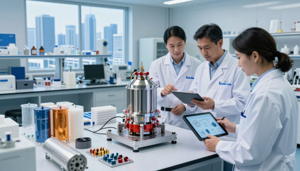 A well-lit laboratory environment focused on material safety engineering, featuring a compact fusion reactor model at the center. In the foreground, a diverse group of three engineers in professional attire, two men and one woman, attentively examining safety protocols and technical diagrams on a high-tech tablet. The middle ground showcases various safety materials, such as heat-resistant alloys and radiation shields, arranged neatly on a table. In the background, a large window reveals a high-tech city skyline, symbolizing the fusion reactor's potential. Soft blue and white lighting enhances the cleanliness and modernity of the lab, creating a focused and innovative atmosphere, captured from a slightly elevated angle to emphasize the intricate details of the reactor and materials on display.