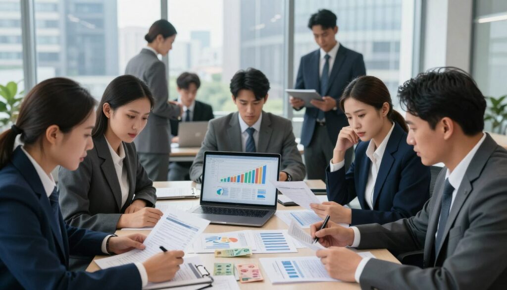 An office setting bustling with activity, filled with professional individuals in business attire, portraying a sense of urgency. In the foreground, a diverse group of civil servants is gathered around a large table, reviewing financial documents related to employee salaries and bonuses. The middle section features an open laptop displaying colorful graphs and charts that symbolize fiscal management. The background shows large windows with a view of a cityscape, reflecting a sunny day outside, emphasizing hope amid financial stress. Soft, natural lighting streams in, creating a balanced and professional atmosphere. The scene captures the complexity of managing regular salaries, holiday bonuses, and extra benefits, illustrating the weight of financial obligations on government officials.