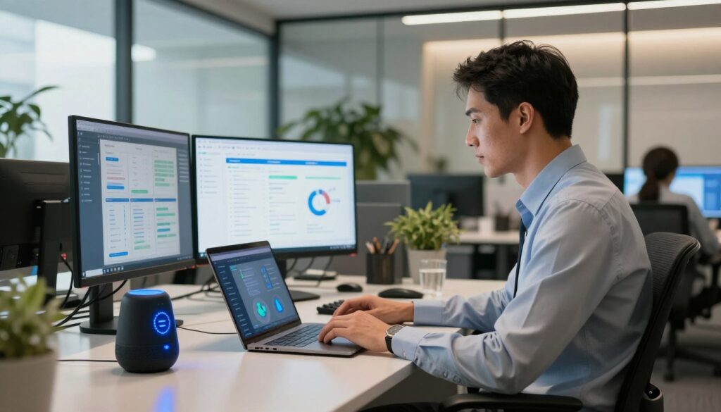 An office setting showcasing the benefits of AI voice assistants for business. In the foreground, a professional man in business attire is seated at a sleek desk, engaging with a laptop and a smart speaker that displays digital notifications. In the middle ground, screens showcase data visualizations and workflows, emphasizing efficiency and productivity. The background features a modern office environment with glass walls, plants, and natural light filtering in through large windows, creating an inviting atmosphere. The lighting is bright and warm, showcasing a sense of innovation and professionalism. The scene conveys a mood of advancement and efficiency, highlighting how technology positively impacts business strategies. The composition should be well-balanced, focusing on the subject's interaction with technology without any text or distractions.