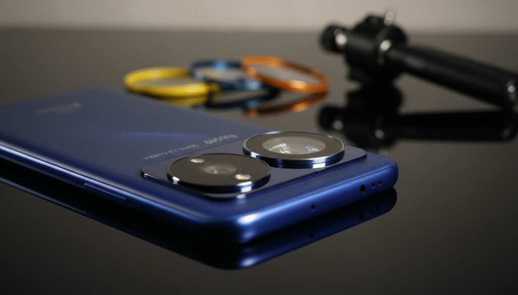 A detailed close-up of the Redmi 13C 5G smartphone showcasing its camera features, with emphasis on the lens and sensor. The smartphone should be placed on a sleek, reflective surface, highlighting its elegant design in a modern indoor setting. Soft, diffused lighting illuminates the device from the side, creating gentle shadows that accentuate its contours. In the background, relevant photography accessories like a tripod and lens filters are subtly blurred to create depth, suggesting an atmosphere of professional photography. The color palette should be vibrant yet balanced, with a focus on the phone's striking color options, such as a rich red or blue. The overall mood conveys innovation and excitement about mobile photography, suitable for a tech-savvy audience. A detailed close-up of the Redmi 13C 5G smartphone showcasing its camera features, with emphasis on the lens and sensor. The smartphone should be placed on a sleek, reflective surface, highlighting its elegant design in a modern indoor setting. Soft, diffused lighting illuminates the device from the side, creating gentle shadows that accentuate its contours. In the background, relevant photography accessories like a tripod and lens filters are subtly blurred to create depth, suggesting an atmosphere of professional photography. The color palette should be vibrant yet balanced, with a focus on the phone's striking color options, such as a rich red or blue. The overall mood conveys innovation and excitement about mobile photography, suitable for a tech-savvy audience.