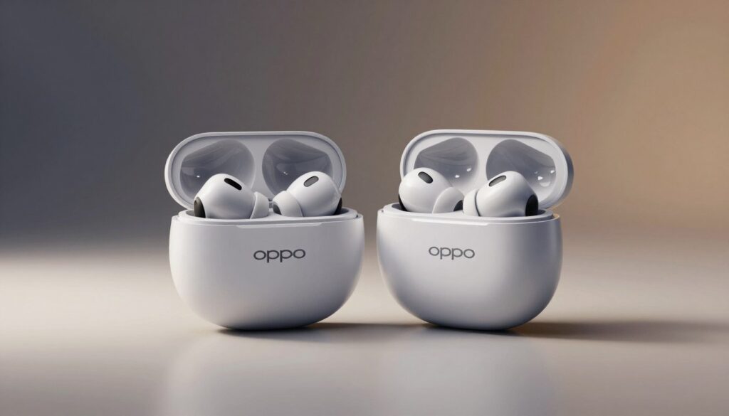 A high-quality image showcasing the OPPO Enco X3i earbuds and their elegant case, placed prominently in the foreground. The earbuds should be displayed open, revealing their sleek design with soft ear tips, and the case should be elegantly closed next to them, highlighting its smooth finish and modern contour. The middle background should feature a subtle gradient that complements the product colors, creating a sophisticated atmosphere. Soft, diffused lighting is essential, casting gentle shadows to add depth and dimension. Capture the scene from a slightly elevated angle to emphasize the contours and craftsmanship of the case and earbuds, evoking a mood of luxury and technological innovation. The overall setting should suggest a minimalistic, stylish workspace, enhancing the appeal of the OPPO Enco X3i. A high-quality image showcasing the OPPO Enco X3i earbuds and their elegant case, placed prominently in the foreground. The earbuds should be displayed open, revealing their sleek design with soft ear tips, and the case should be elegantly closed next to them, highlighting its smooth finish and modern contour. The middle background should feature a subtle gradient that complements the product colors, creating a sophisticated atmosphere. Soft, diffused lighting is essential, casting gentle shadows to add depth and dimension. Capture the scene from a slightly elevated angle to emphasize the contours and craftsmanship of the case and earbuds, evoking a mood of luxury and technological innovation. The overall setting should suggest a minimalistic, stylish workspace, enhancing the appeal of the OPPO Enco X3i.